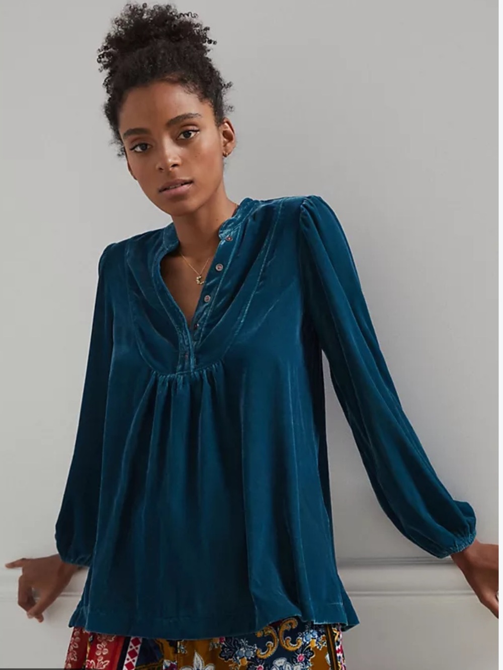 Anthropologie Hillary Teal Long-Sleeve velvet Peasant sleep Top L